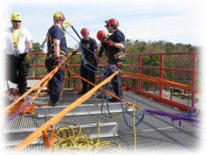 Five men doing rescue training with ropes